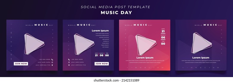 Set of social media post template with purple gradient background for music day design