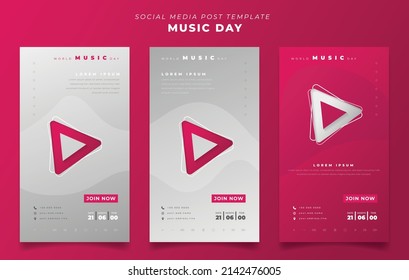 Set of social media post template in portrait background with feminine design for world music day