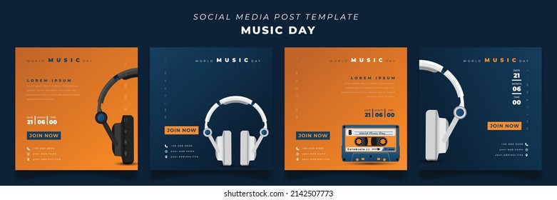 Set of social media post template with headset and cassette design for world music day design