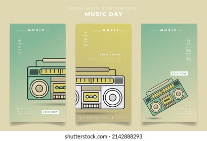 Set Set Set sozialer Medien-Post-Vorlage für den Weltmusitag mit Radio-Banddesign auf Portrait-Hintergrund