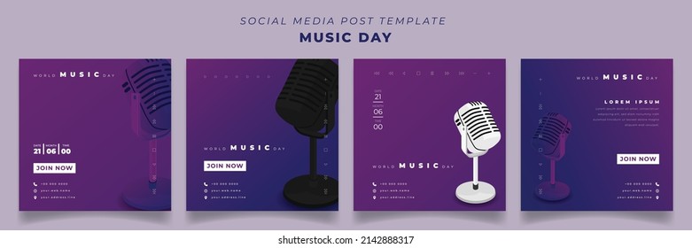 Set of social media post template in square purple background with microphone for music day design