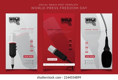 Set of social media post template in red and white portrait with microphone for press freedom design