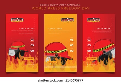 Set of social media post template in fire overflow background with firefighter helmet design