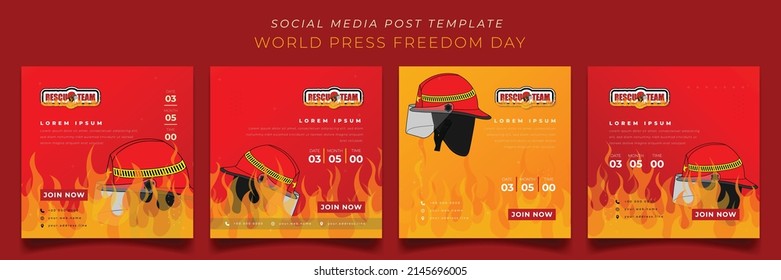 Set of social media post template in fire overflow background for firefighter day with helmet design