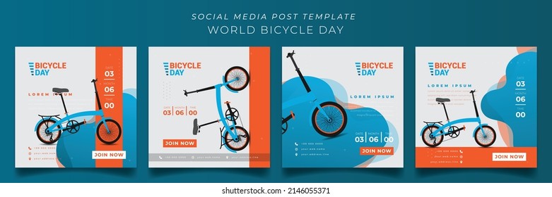 Set of social media post template in green orange and white background for world bicycle day design