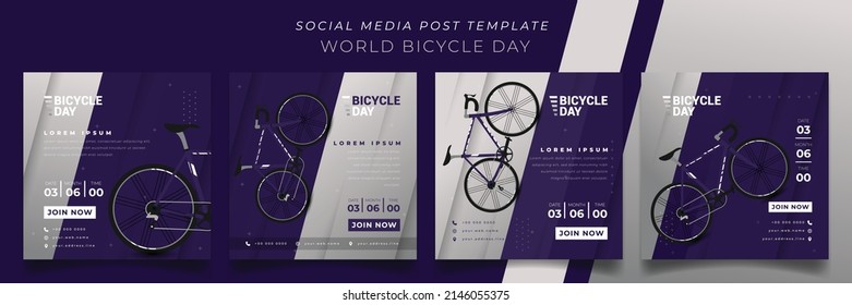 Set of social media post template in purple square background for world bicycle day design