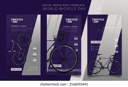 Conjunto de plantillas de publicaciones en medios sociales en fondo morado con vector de bicicletas para el diseño del día mundial de la bicicleta
