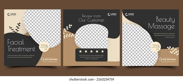 Set Of Social Media Post Template For Massage, Spa, Beauty, And Salon Promotion. Editable Abstract Square Banner With Black, Brown, And Pink Color Shape.