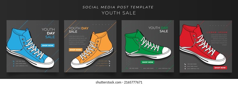 Conjunto de plantillas de publicación de medios sociales con múltiples zapatos de color para el diseño de publicidad en línea