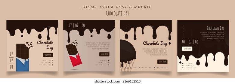 Set of social media post template in brown background and melted chocolate for advertising design