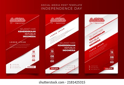 Set of social media post template with geometric red and white and indonesian text mean is indonesia independence day