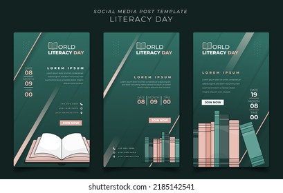 Conjunto de plantillas de publicaciones en medios sociales con estantería y libro abierto para el diseño del Día Mundial de la Alfabetización