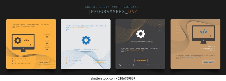 Set of social media post template with gear and computer monitor in pixel design for programmer day