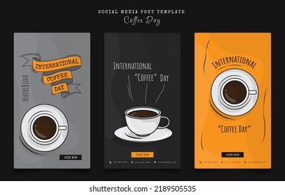 Set of social media post template with coffee in cartoon design for international coffee day design