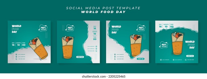 Set of social media post template in green and white background with kebab food for world food day
