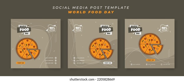 Set of social media post template with sliced pizza in cartoon design for food day design