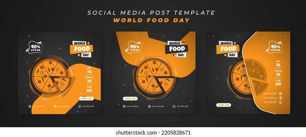 Set of social media post template in black yellow background for world food day design