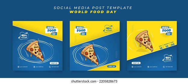 Conjunto de plantillas de publicaciones en medios sociales en fondo cuadrado amarillo azul para el diseño del día mundial de la comida