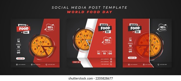 Set of social media post template with sliced pizza in cartoon illustration and red black background