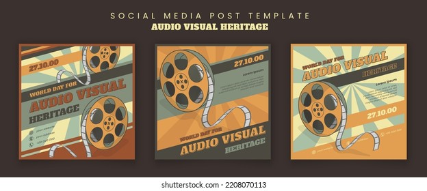 Set of social media post template with movie roll design in vintage background design