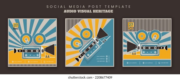 Set of social media post template with flat camera vector illustration for audio visual heritage day