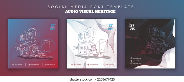 Set of social media post template with line art of video camera with flying lines design