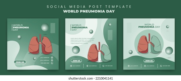 Conjunto de plantillas de publicaciones en medios sociales con diseño de pulmones en fondo verde