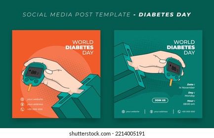 Set of social media post template with hand and glucometer in cartoon design for diabetes day design