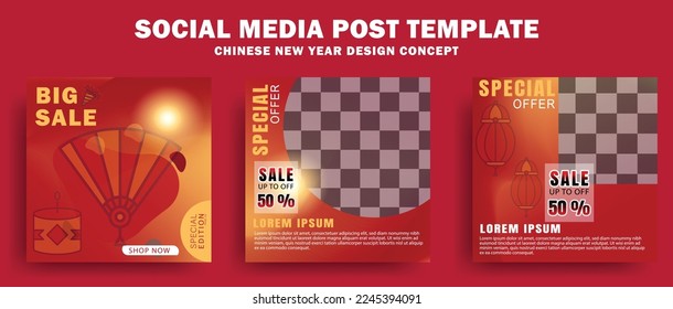 set of social media post template for lunar new year perfect for boost your product or services promotion sales. Editable square banner template. Design template vector