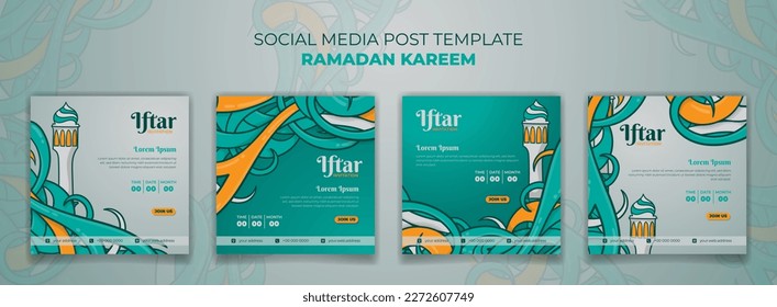 Set of social media post template with grass in hand drawn design with minaret and green background