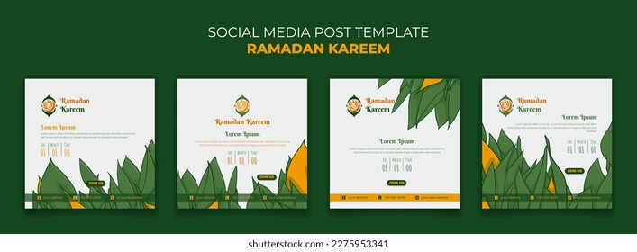 Set of social media post template for ramadan kareem with hand drawn of green leaves background