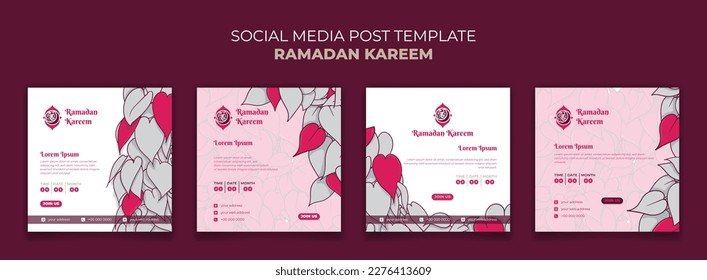 Set of social media post template in feminine design for ramadan kareem with pink leaves background