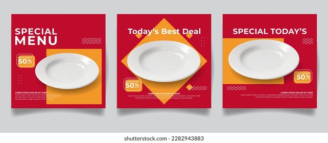 set of social media post template for food promotion  with red and orange background white plate vector illustration