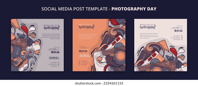 Set of social media post template with camera in doodle art for photography day campaign