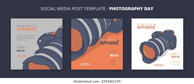 Set of social media post template for world photography day with camera vector illustration design