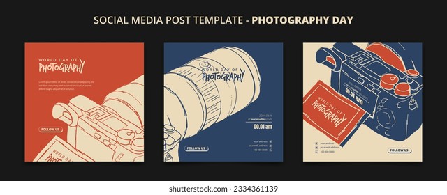 Set of social media post template for photography day with camera in long lens design