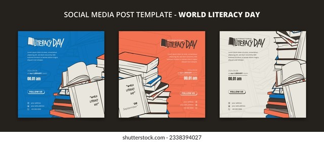 Set of social media post template with doodle art background for international literacy day campaign
