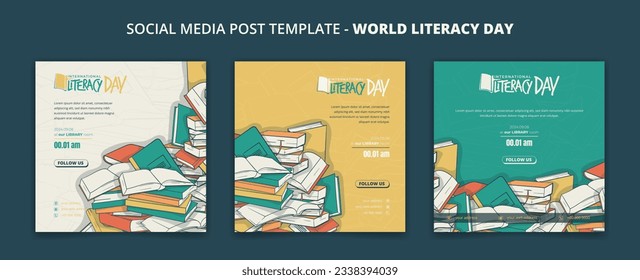 Plantilla de publicación en medios sociales con diseño de antecedentes de libros para la campaña del Día Mundial de la Alfabetización