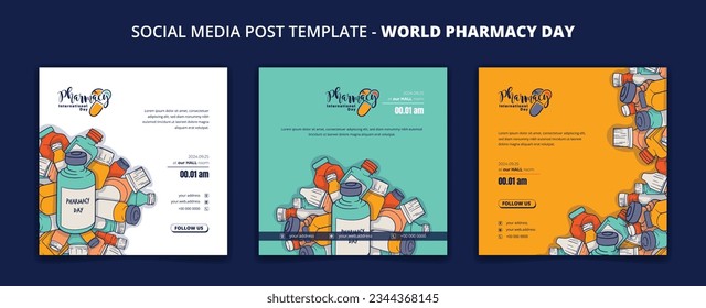 Set of social media post template with doodle art of drugs for pharmacy campaign