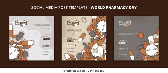 Set of social media post template with drugs in doodle design for pharmacy campaign design