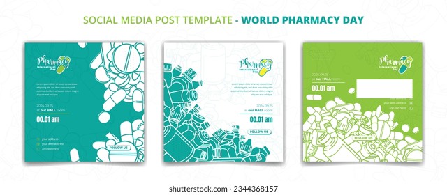 Set of social media post template with flat of drugs in cartoon for pharmacy day campaign