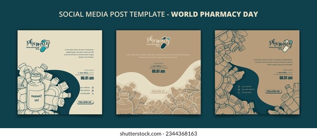 Set of social media post template with brown of drug bottles design for pharmacy day campaign