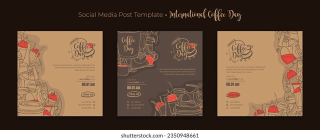 Set of social media post template for international coffee day campaign in doodle art background