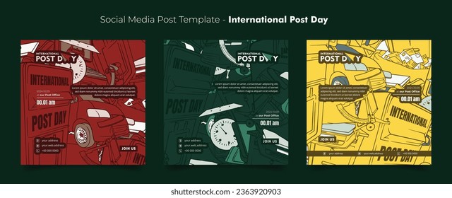 Set of social media post template with doodle art of postal background for world post day campaign