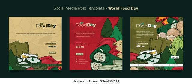 Set of social media post template with traditional food background in hand drawn design for food day
