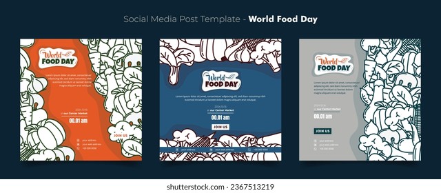 Conjunto de plantillas de publicaciones en medios sociales con verduras blancas en diseño hecho a mano para el día mundial de la comida