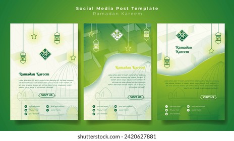 Set of social media post template in portrait design with line art of lantern, star and mosque in green white background, islamic background for ramadan kareem, arabic text mean is ramadan kareem
