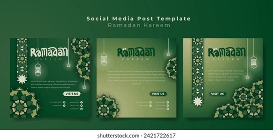 Conjunto de plantillas de publicaciones en medios sociales con mandala ornamental en diseño dibujado a mano para ramadan kareem. Fondo islámico en diseño de mandala ornamental verde
