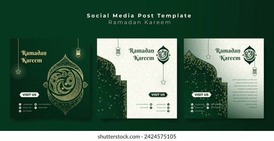 Set of social media post template in green background with sparkle and line art of lantern and star