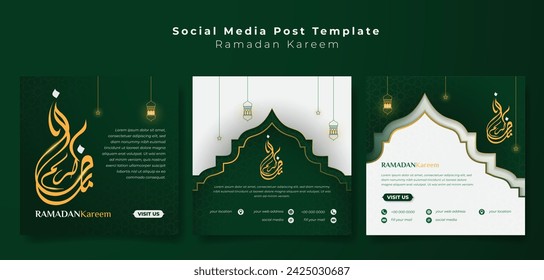 Set of social media post template with islamic mosque background in white green for ramadan kareem. islamic background set in green white with lantern and star. arabic text mean is ramadan kareem